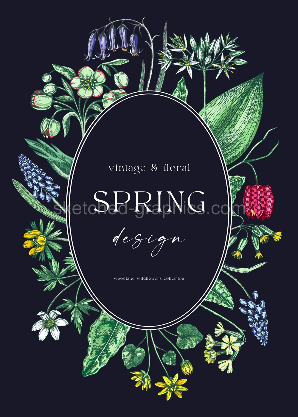 Delicate spring wreath. Woodland wild flower sketches. Floral background. Wildflowers in color. Elegant greeting card, invitation design template. Hand drawn vector illustration, NOT AI Illustration